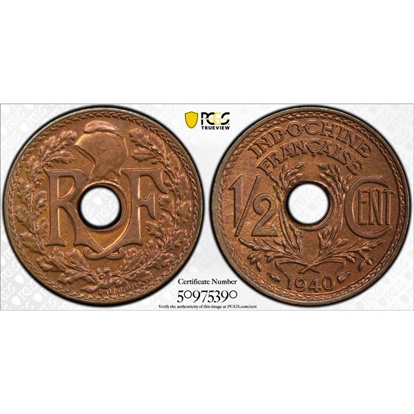 FRENCH INDOCHINA: AE 1/2 centime, 1940, PCGS MS64 RB