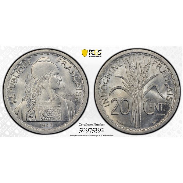 FRENCH INDOCHINA: 20 centimes, 1945-B, PCGS MS65