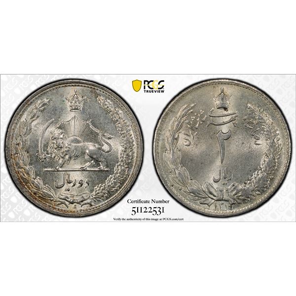 IRAN: Reza Shah, 1925-1941, AR 2 rials, SH1313/0, PCGS MS64