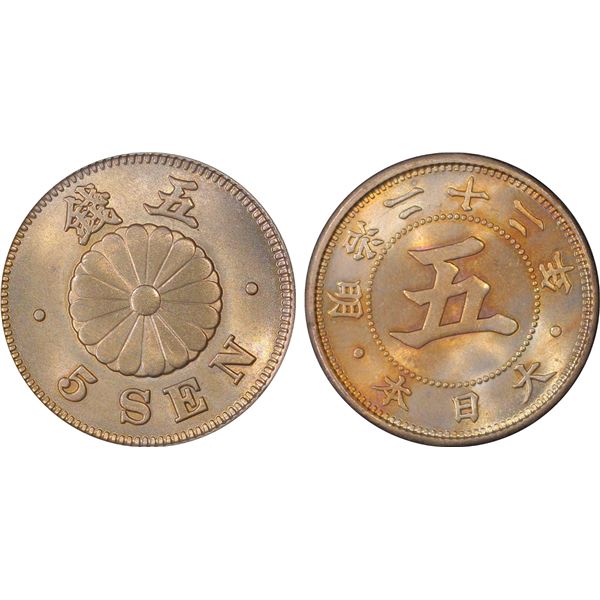 JAPAN: Meiji, 1868-1912, 5 sen, year 22 (1889), PCGS MS65