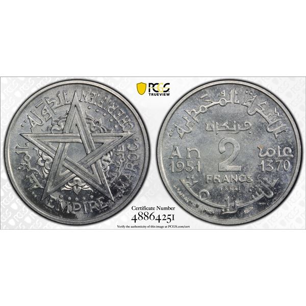 MOROCCO: Mohammed V, 1927-1962, 2 francs, 1951/AH1370, PCGS Specimen 63