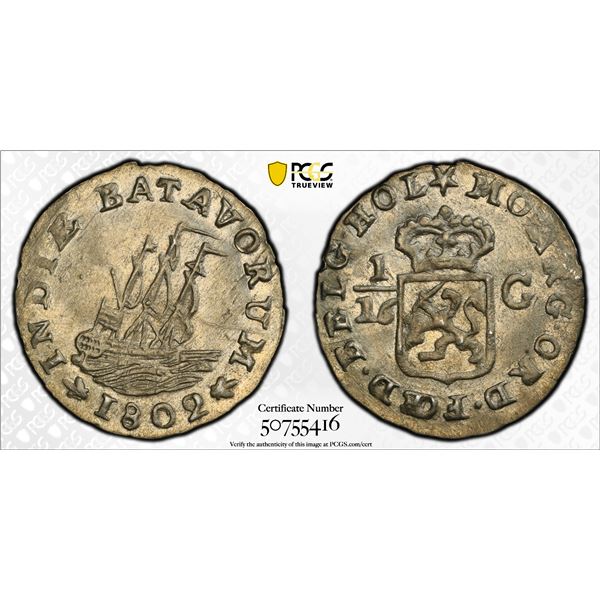 NETHERLANDS EAST INDIES: Batavian Republic, AR 1/16 gulden, 1802, PCGS UNC details