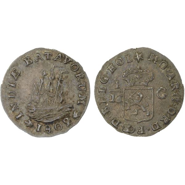 NETHERLANDS EAST INDIES: Batavian Republic, AR 1/16 gulden, 1802, AU