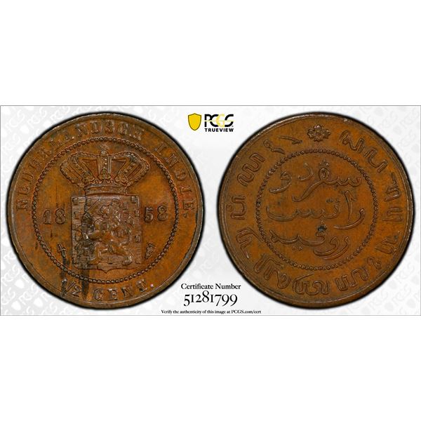 NETHERLANDS EAST INDIES: Willem III, 1849-1890, AE 1/2 cent, 1858, PCGS MS63 BN