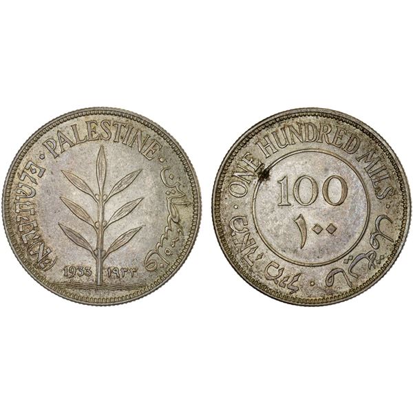 PALESTINE: British Mandate, AR 100 mils, 1933, XF-AU