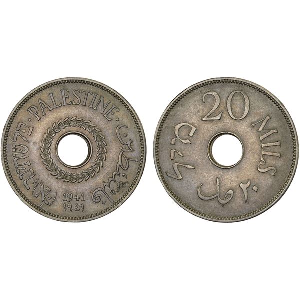 PALESTINE: British Mandate, 20 mils, 1941, VF-XF