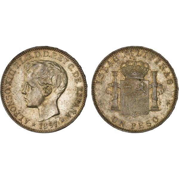 PHILIPPINES: Alfonso XIII, 1886-1931, AR peso, 1897, XF