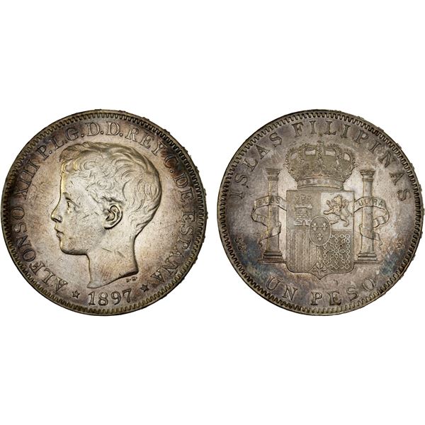 PHILIPPINES: Alfonso XIII, 1886-1931, AR peso, 1897, XF