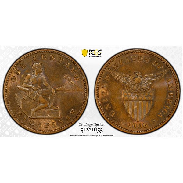 PHILIPPINES: U.S. Territory, AE centavo, 1908-S, PCGS MS64 BN