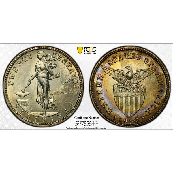 PHILIPPINES: U.S. Territory, AR 20 centavos, 1918-S, PCGS MS62
