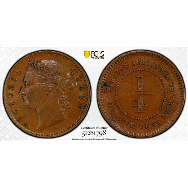 STRAITS SETTLEMENTS: Victoria, 1867-1901, AE 1/4 cent, 1889, PCGS AU58