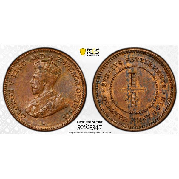 STRAITS SETTLEMENTS: George V, 1910-1936, AE 1/4 cent, 1916, PCGS MS63 BN