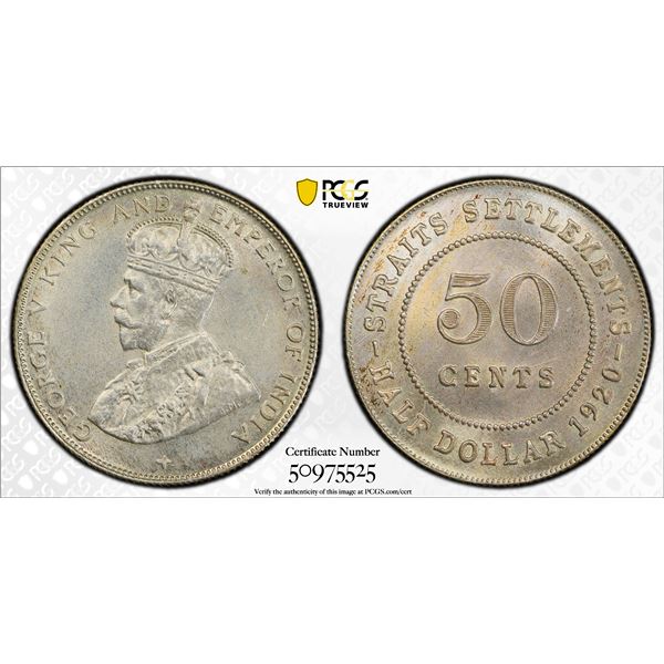 STRAITS SETTLEMENTS: George V, 1910-1936, AR 50 cents, 1920, PCGS MS63