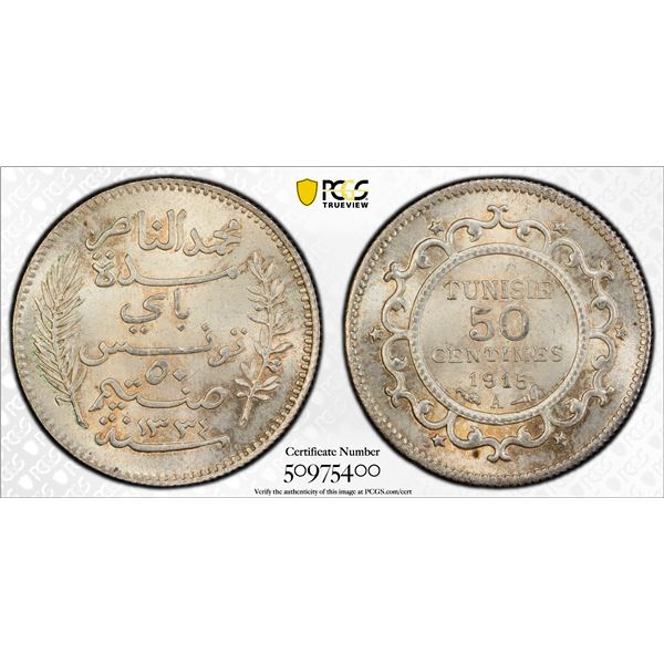 TUNISIA: Muhammad V, 1906-1922, AR 50 centimes, 1915/AH1334, PCGS MS66