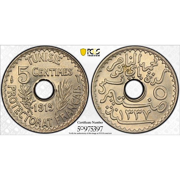 TUNISIA: Muhammad V, 1906-1922, 5 centimes, 1919/AH1337, PCGS MS65