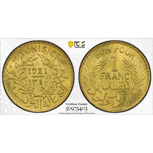 TUNISIA: Muhammad V, 1906-1922, 1 franc, 1921/AH1340, PCGS MS65