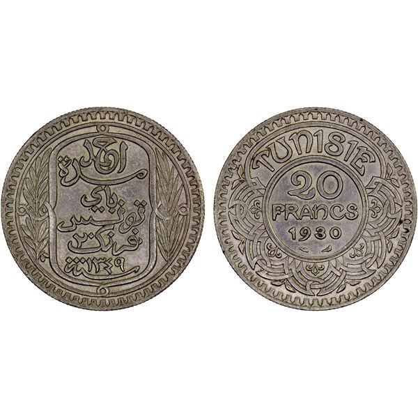 TUNISIA: Ahmad Pasha Bey, 1929-1942, AR 20 francs, 1930/AH1349, AU