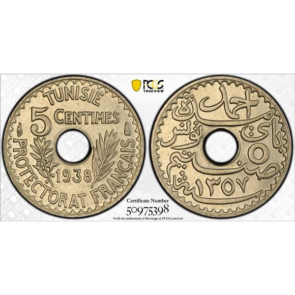 TUNISIA: Ahmad II, 1929-1942, 5 centimes, 1938/AH1357, PCGS MS67