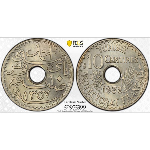 TUNISIA: Ahmad II, 1929-1942, 10 centimes, 1938/AH1357, PCGS MS67