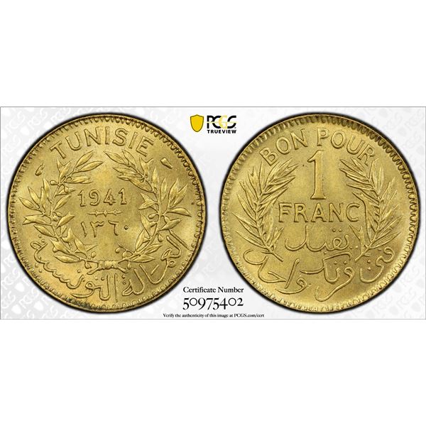 TUNISIA: Ahmad II, 1929-1942, 1 franc, 1941/AH1360, PCGS MS65