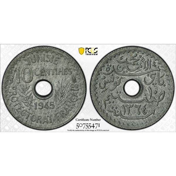 TUNISIA: French Protectorate, 10 centimes, 1945/AH1364, PCGS MS63