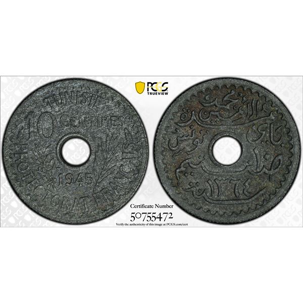 TUNISIA: French Protectorate, 10 centimes, 1945/AH1364, PCGS MS62