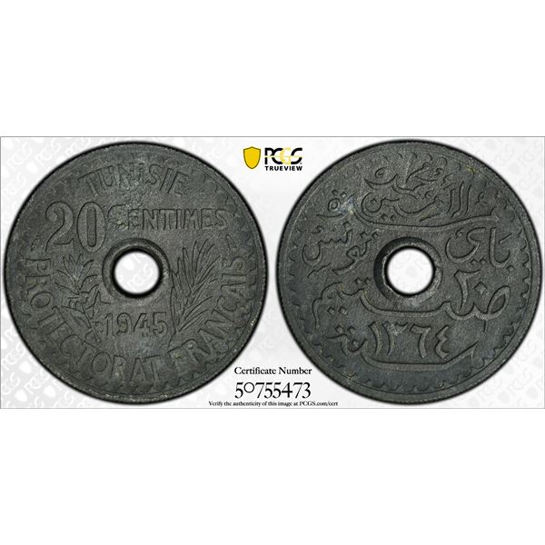 TUNISIA: French Protectorate, 20 centimes, 1945/AH1364, PCGS UNC details