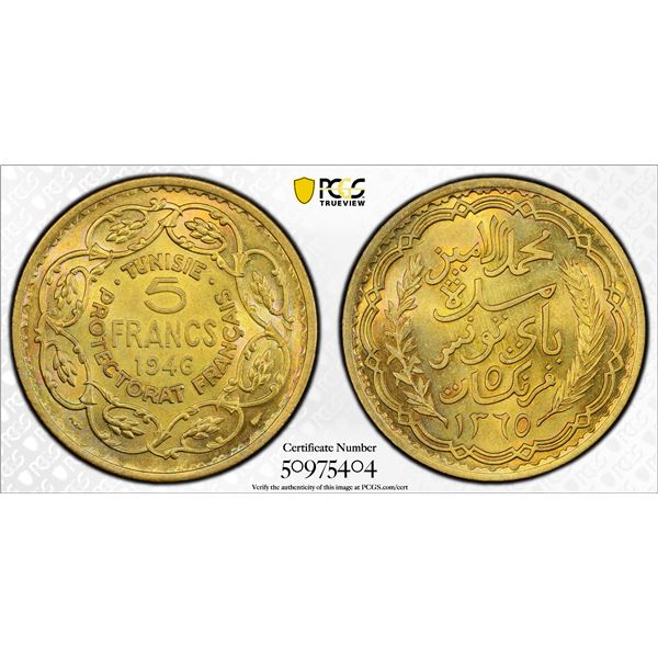 TUNISIA: Muhammad VIII, King 1956-1957, 5 francs, 1946/AH1365, PCGS MS65