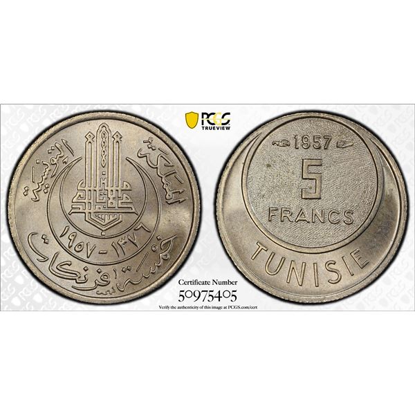 TUNISIA: Muhammad VIII, King 1956-1957, 5 francs, 1957/AH1376, PCGS MS67