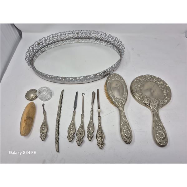 Antique Silver Vanity Set with Mirror Tray