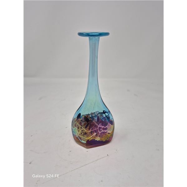 Art Glass Vase – Iridescent Multicolor Base with Blue Neck
