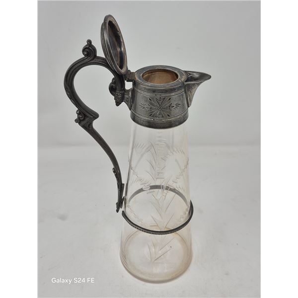 Antique Etched Glass & Pewter Claret Jug