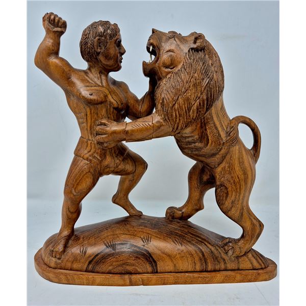 Vintage Hand-Carved Wood Sculpture - Man vs Lion