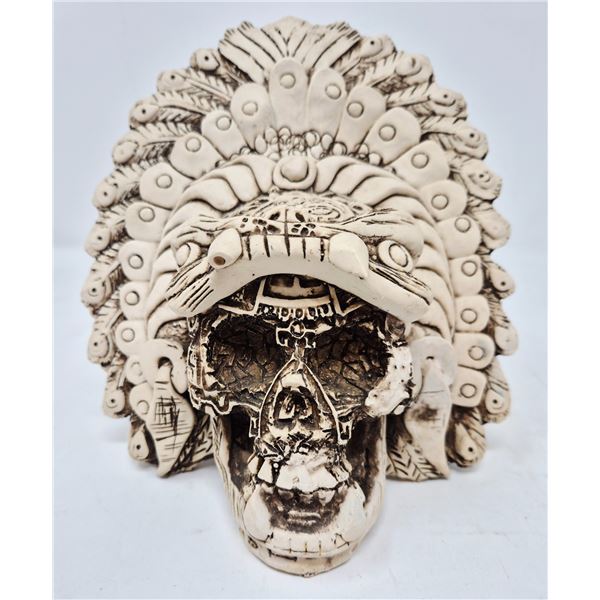 Aztec Resin Skull with Feathered Headdress