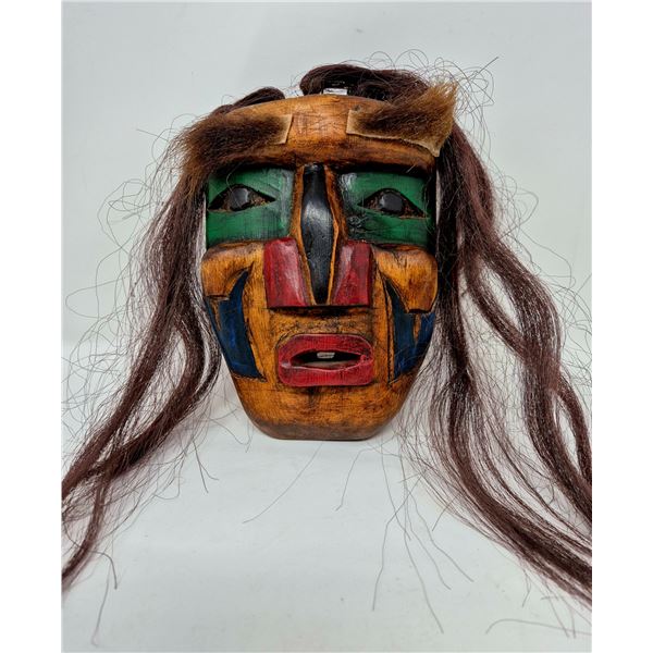 Hand-Carved Indigenous-Style Mask w/ Bold Paint & Hair Strands