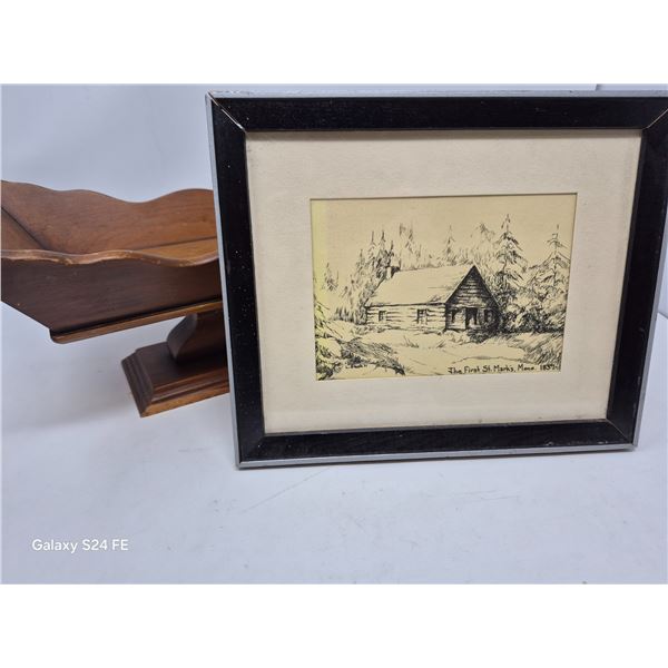 Framed Montana Cabin Print & Wooden Fruit Holder Set