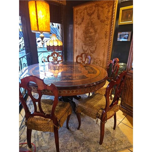 Luxury Inlaid Dining Table with 6 Upholstered Chairs – Ornate Elegance