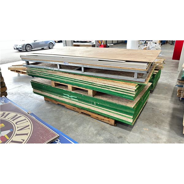 2 PALLETS OF 8'L X 4'W PLYWOOD PANELS & PLYWOOD OFFCUTS & PALLET OF 8'L X 4'W DRYWALL PANELS