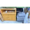 Image 1 : SHELF OF ASSORTED ITEMS INCLUDING; FURNITURE, SET DEC SIGNS, ROLL OF CLEAR GARBAGE BAGS & MORE