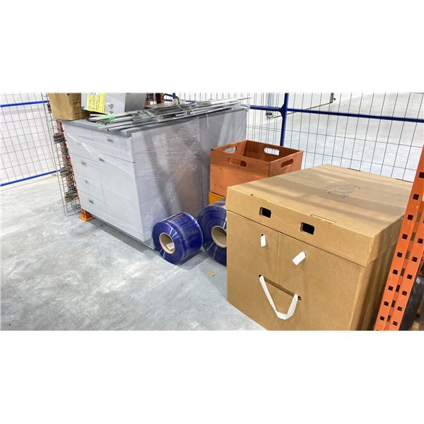 SHELF OF ASSORTED ITEMS INCLUDING; ROLLS OF PLASTIC, CABINET, SINK CABINET & MORE