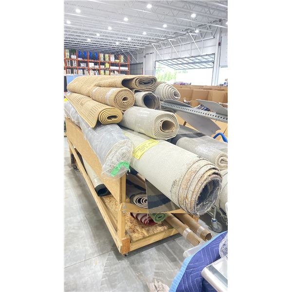 LARGE WOOD ROLLING CART WITH ASSORTED CARPET, AREA RUG & RUBBER MAT CONTENTS (CART INCLUDED & MUST