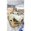 Image 1 : LARGE WOOD ROLLING CART WITH ASSORTED CARPET, AREA RUG & RUBBER MAT CONTENTS (CART INCLUDED & MUST