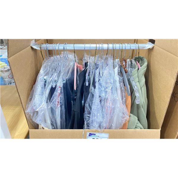 WARDROBE BOX OF ASSORTED CLOTHING (BOX AND ALL CONTENTS MUST BE TAKEN)