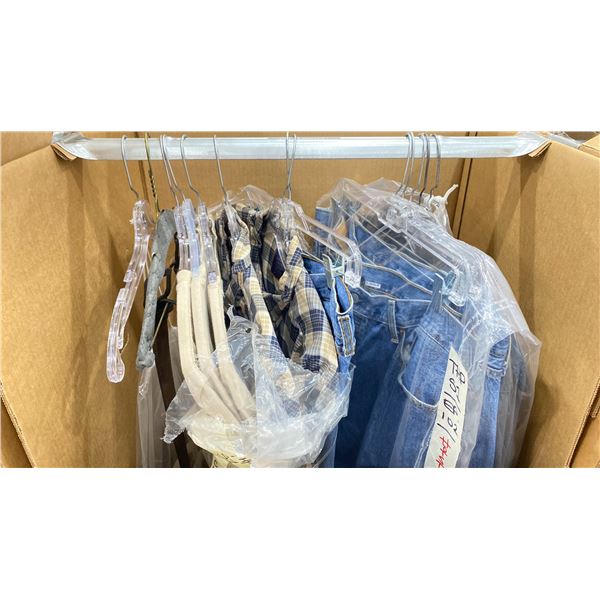 WARDROBE BOX OF ASSORTED CLOTHING (BOX AND ALL CONTENTS MUST BE TAKEN)