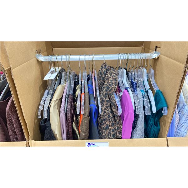 WARDROBE BOX OF ASSORTED CLOTHING (BOX AND ALL CONTENTS MUST BE TAKEN)