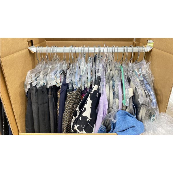 WARDROBE BOX OF ASSORTED CLOTHING (BOX AND ALL CONTENTS MUST BE TAKEN)