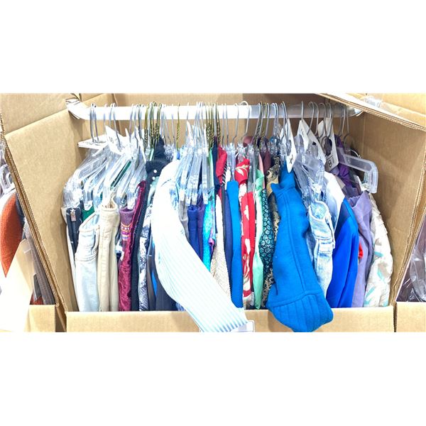 WARDROBE BOX OF ASSORTED CLOTHING (BOX AND ALL CONTENTS MUST BE TAKEN)