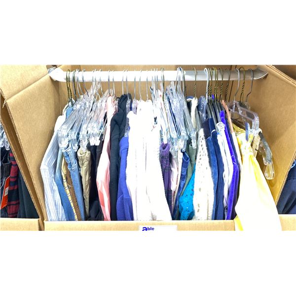 WARDROBE BOX OF ASSORTED CLOTHING (BOX AND ALL CONTENTS MUST BE TAKEN)
