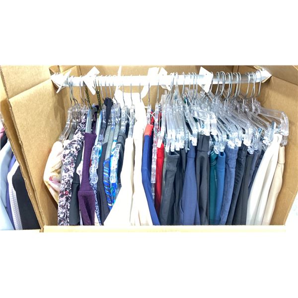 WARDROBE BOX OF ASSORTED CLOTHING (BOX AND ALL CONTENTS MUST BE TAKEN)