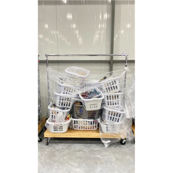 ROLLING RACK OF ASSORTED SHOES (RACK INCLUDED & MUST BE TAKEN)